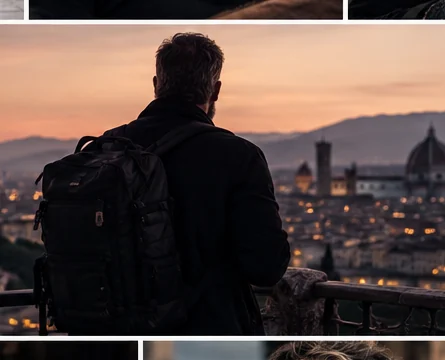 Simon Locke looking over a city skyline at dusk with a backpack