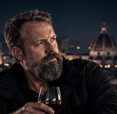 Simon Locke with a drink overlooking a city at night