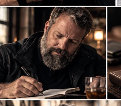Simon Locke writing notes in a dimly lit setting